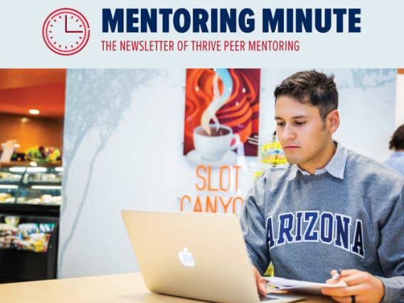 Mentoring Minute with image of student studying with a laptop at the Canyon Cafe.