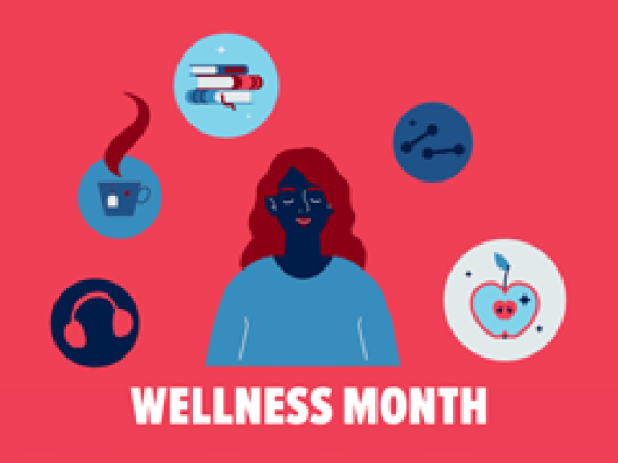Wellness month with a blue person surrounded by headphones, coffee, books, and an apple