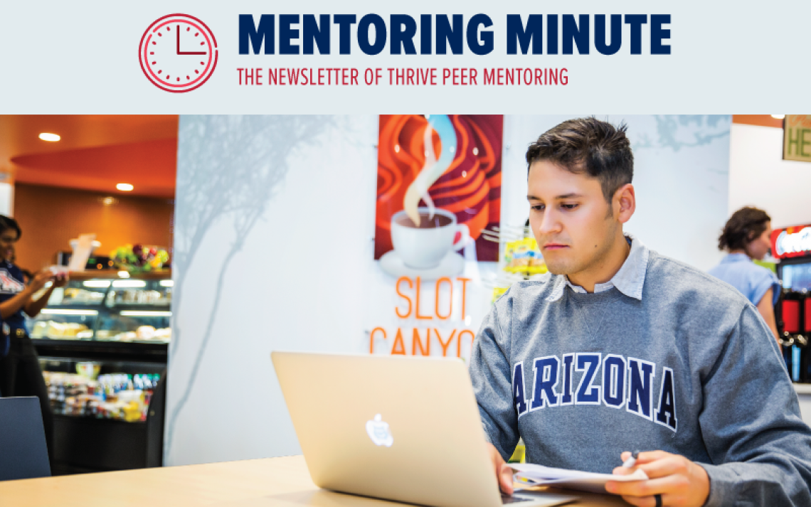 Mentoring Minute with image of student studying with a laptop at the Canyon Cafe.