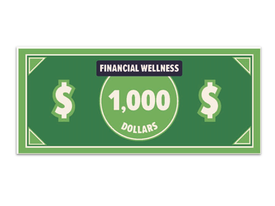 Illustration of a green financial wellness buck, looks like a dollar.
