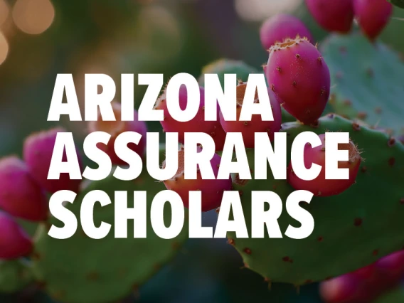 Photo of prickly pear with fruit on it and text that says "Arizona Assurance Scholars."