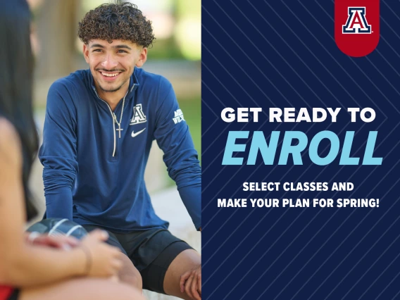 Two students sitting and talking.  "Get ready to enroll.  Select classes and make your plan for the spring!