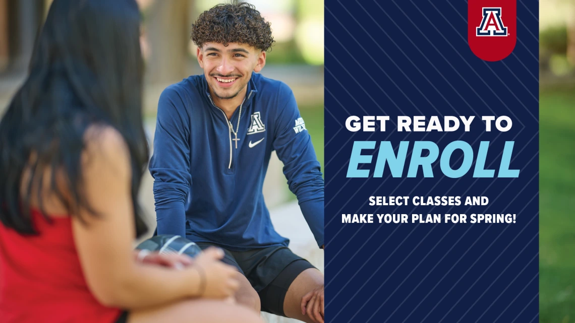 Two students sitting and talking.  "Get ready to enroll.  Select classes and make your plan for the spring!