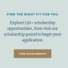 Image of text from ACF site: Find the Right Fit for You Explore 150+ scholarship opportunities, then visit our scholarship portal to begin your application. View Scholarships (button).  Get Ready to Apply ACF has tools and resources available to help prepare students for applying for a scholarship. Get More Info (button).